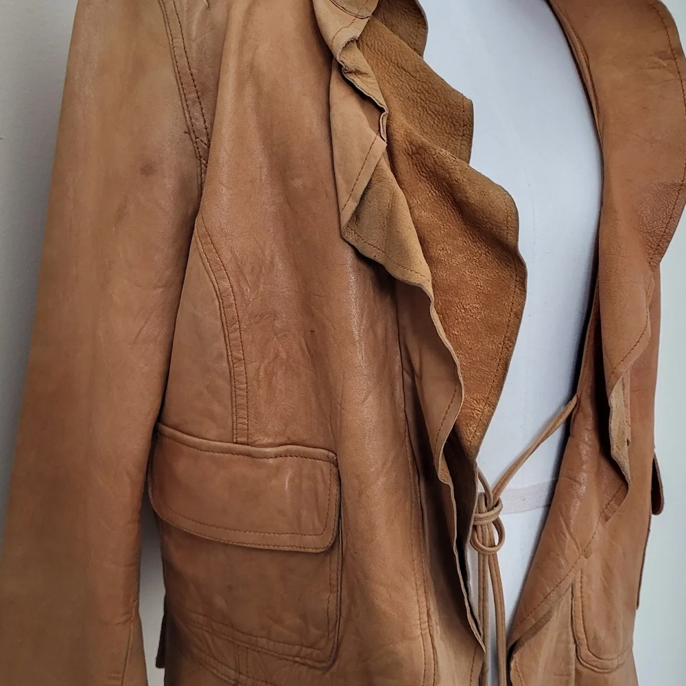 Women's Tan Ruffle Leather Jacket - Picture 13 of 14